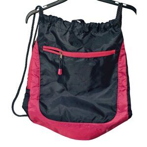 Danskin Drawstring Backpack Cinch Sack Black & Pink Front Zip Pocket School Pool
